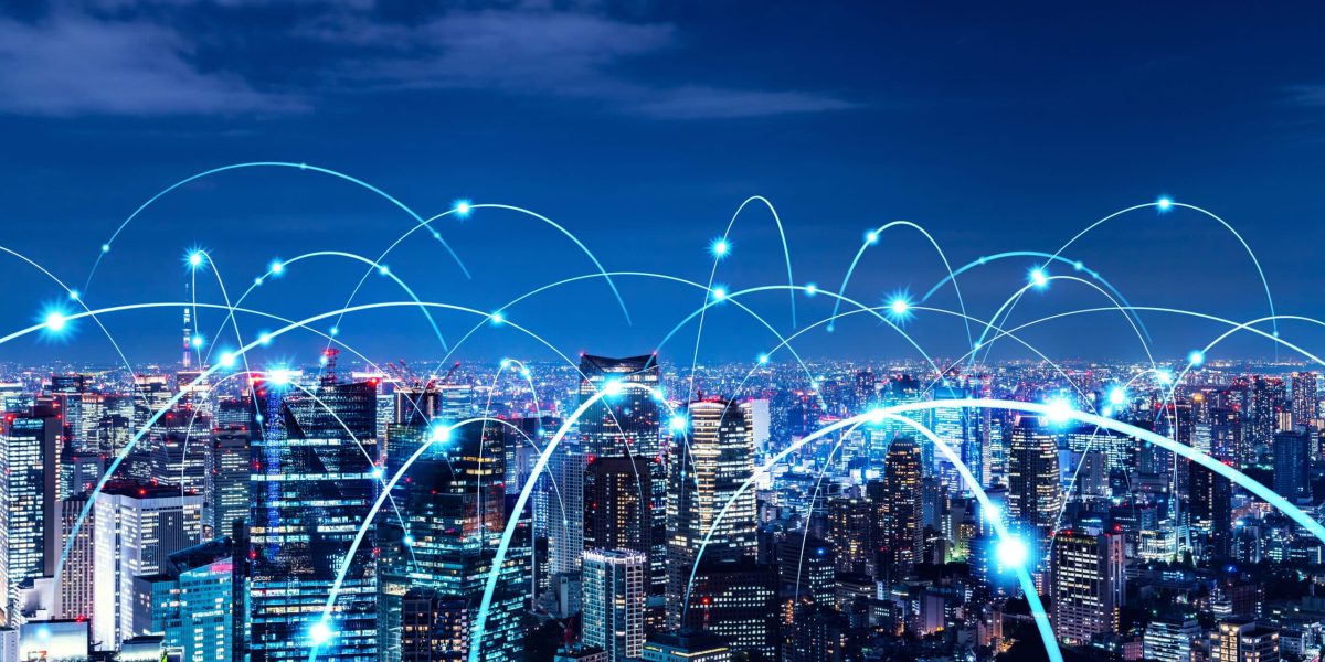 Smart city and communication network concept. 5G. LPWA (Low Power Wide Area). Wireless communication.